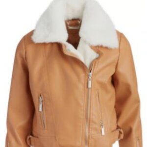 JOUJOU Vegan Faux Leather Jacket L Sandstone Tan White Faux Fur